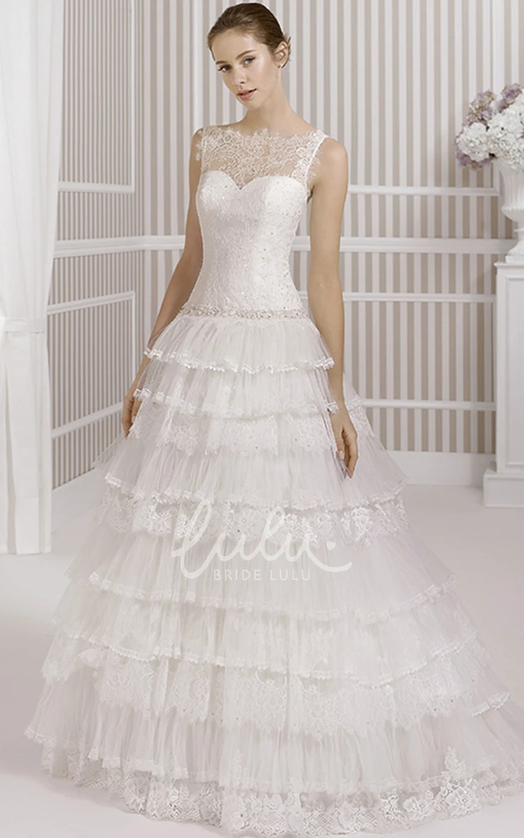 Tulle Lace A-Line Wedding Dress with Illusion Back and Waist Jewelry