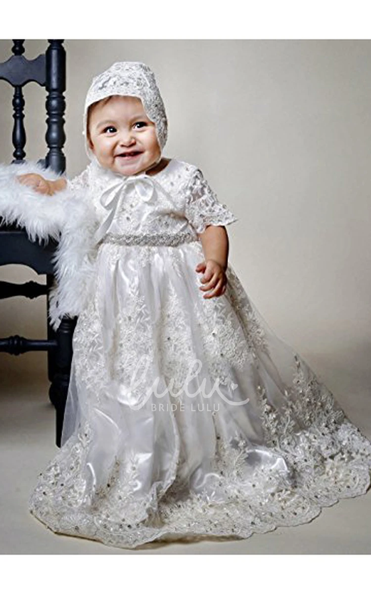 Charming Lace Applique Christening Dress with Beaded Belt