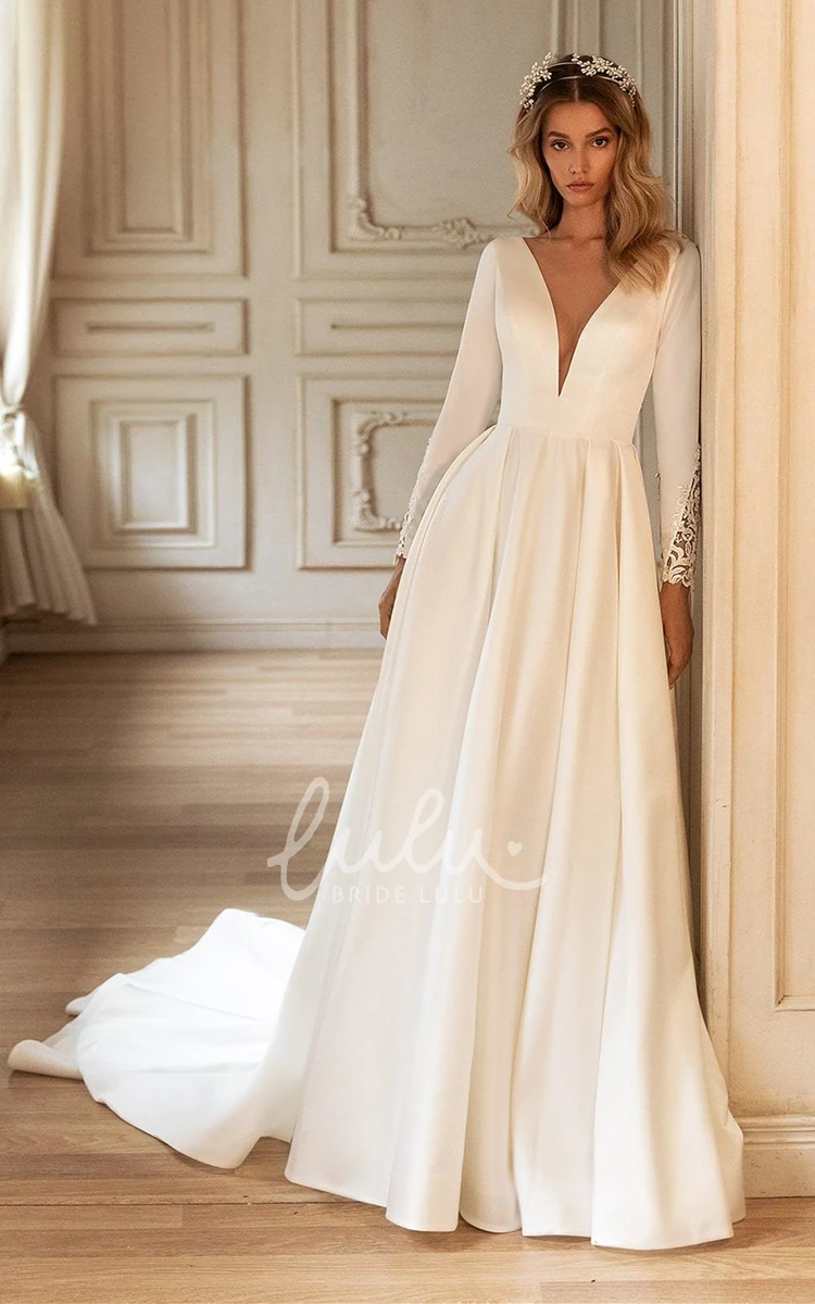 Ethereal Ruched Long Sleeve A Line Satin Wedding Dress