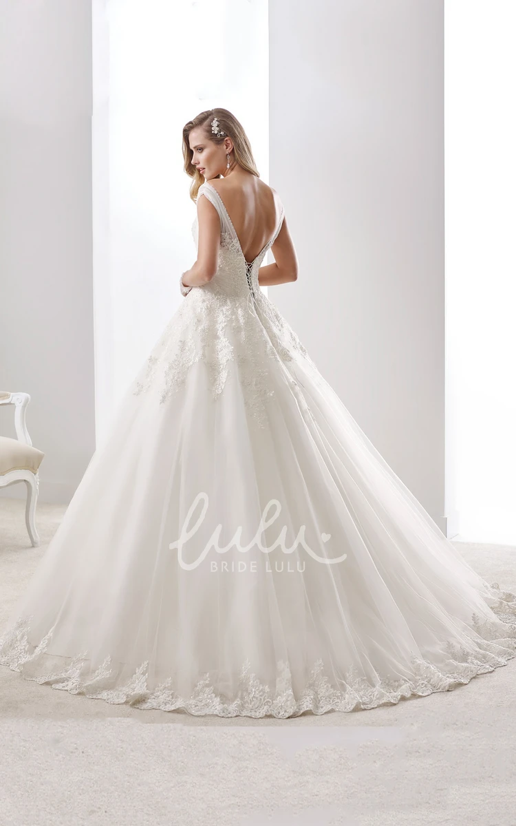 Cap Sleeve A-line Wedding Dress with V-neck and Tulle Straps Modern Bridal Gown