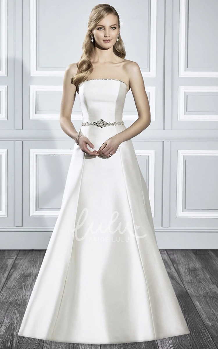 Backless Style Satin Wedding Dress with Sweep Train A-Line Strapless Sleeveless