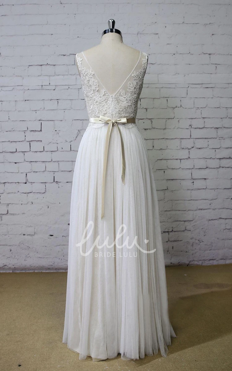 Sleeveless A-Line Tulle Wedding Dress with Champagne Underlay Elegant Bridal Gown