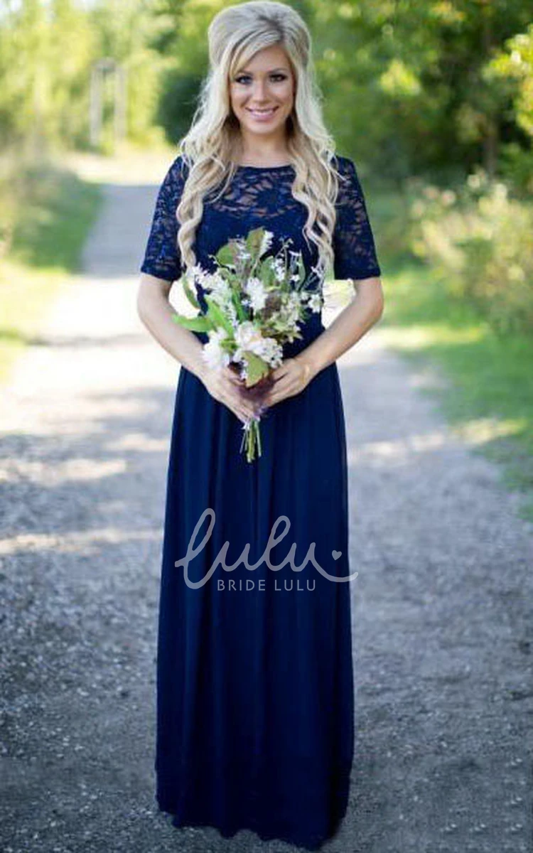 Scoop Neck Chiffon Lace Bridesmaid Dress with Half Sleeves