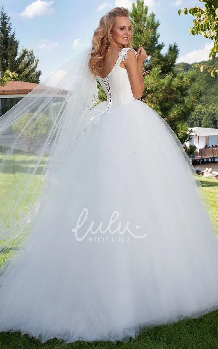 Beaded Cap-Sleeve Tulle Wedding Dress with Corset Back Square Neckline Bridal Gown