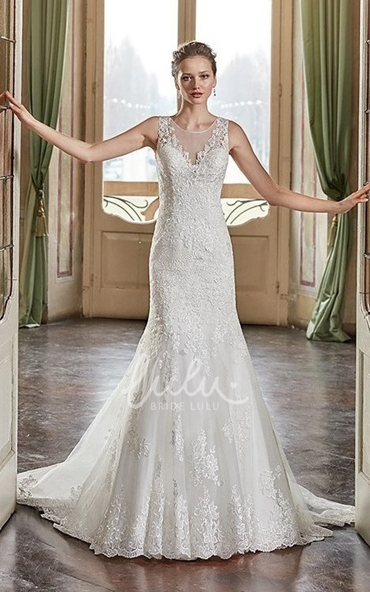 Scoop-Neck Sheath Lace Wedding Dress with Appliques