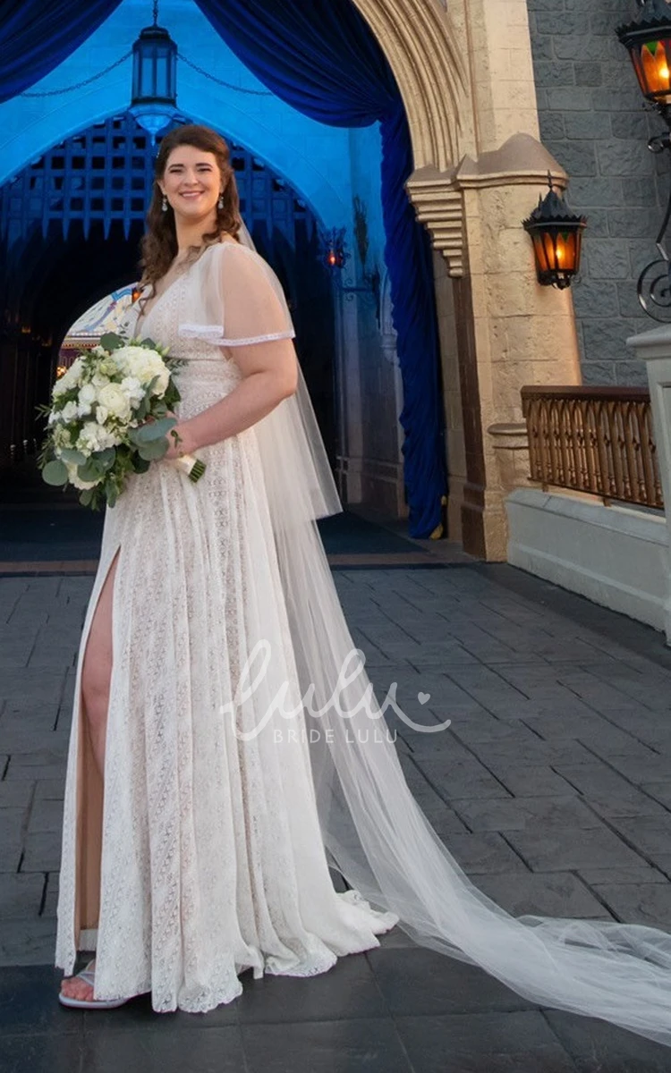 Plus Size Beach Comfort Wedding Dress Sheath V-neck Floor-length Full Body Lace Short Sleeve Bridal Gown