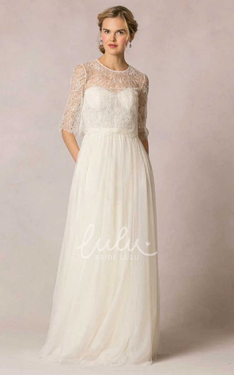 Half-Sleeve Lace Sheath Tulle Wedding Dress Modern Bridal Gown