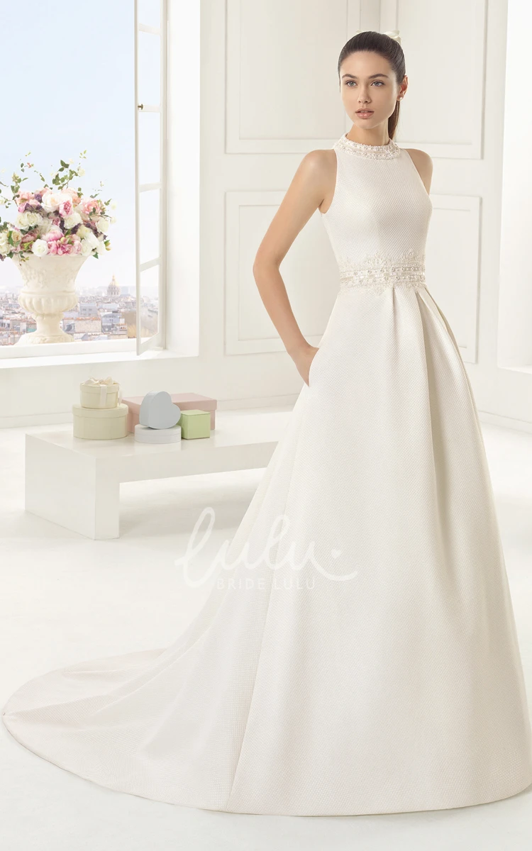 Sleevless High-neck Brush Train Dress with Keyhole Back and Bow for Brides