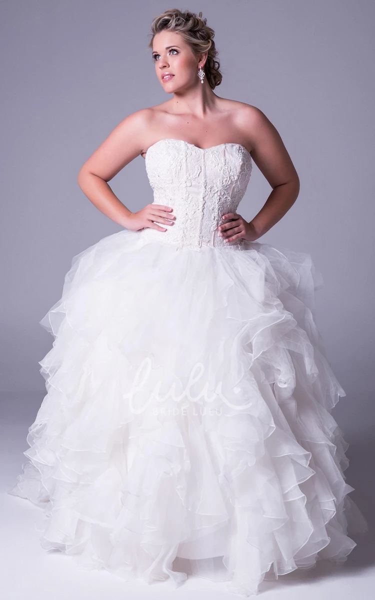 Ball Gown Tulle Plus Size Wedding Dress with Sweetheart Neckline Appliqued Bodice and Ruffles