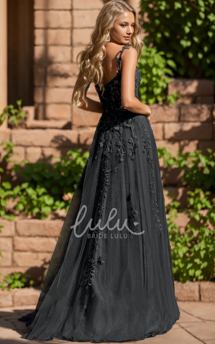 Floral Gothic Black Boho Lace A-Line Wedding Dress Beach Sexy Floor Length Appliqued Evening Gown