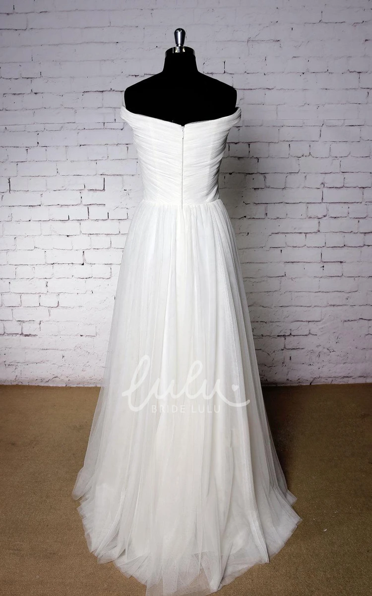 Off-Shoulder Tulle Wedding Dress with Ruching & Pleats Plain & Elegant