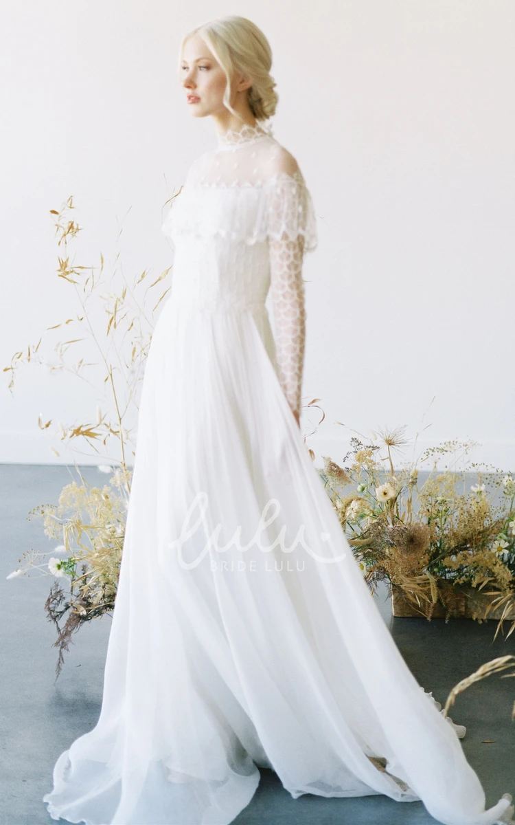 Long Sleeved A-Line Tulle Wedding Dress with High Neck Casual Wedding Dress