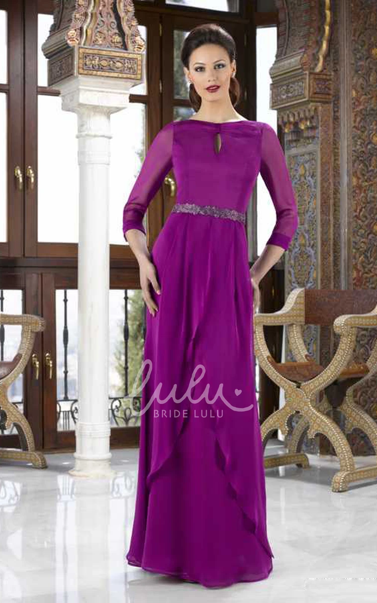 Draped Chiffon Jewel Neck Mother Of The Bride Dress with Jewels and Long Sleeves