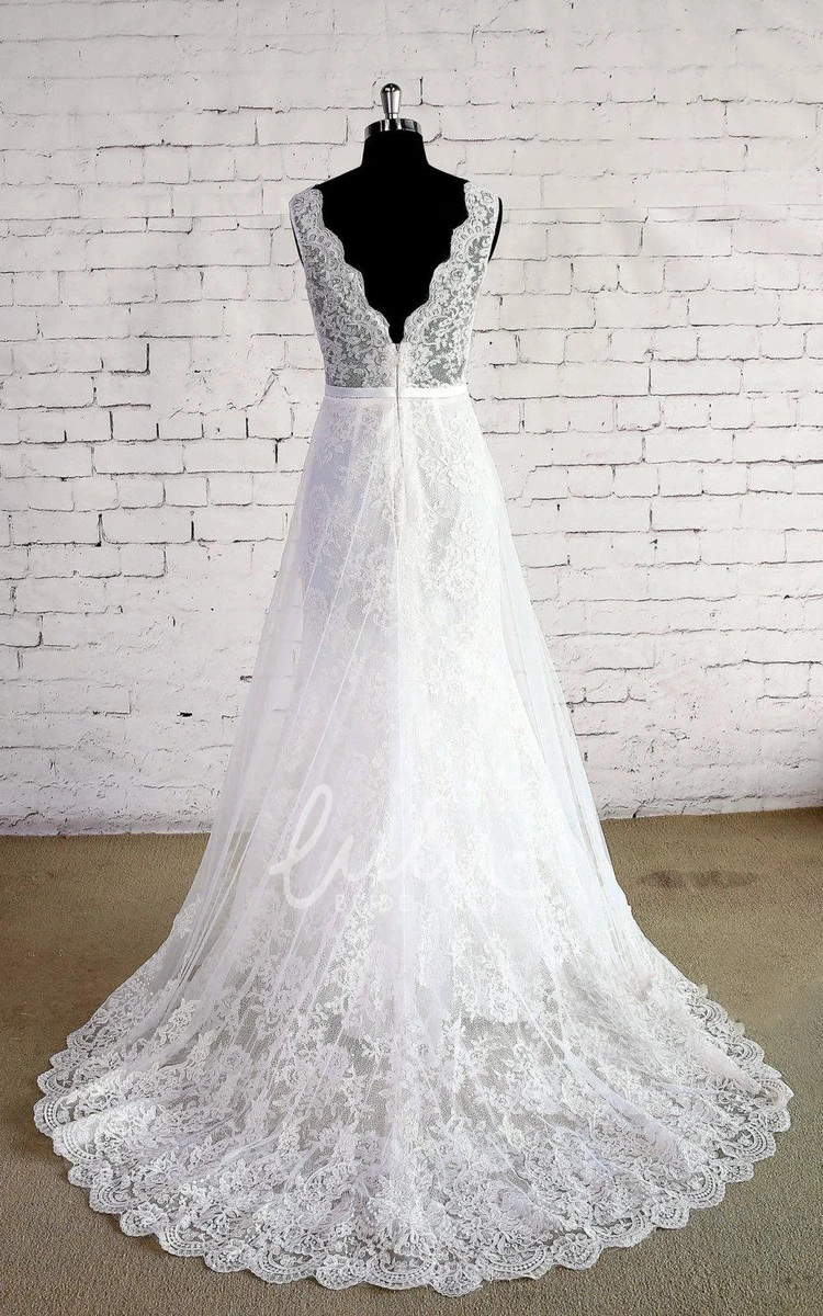 Sleeveless Lace Wedding Dress with Lace Trim Double Layered & V-Neck