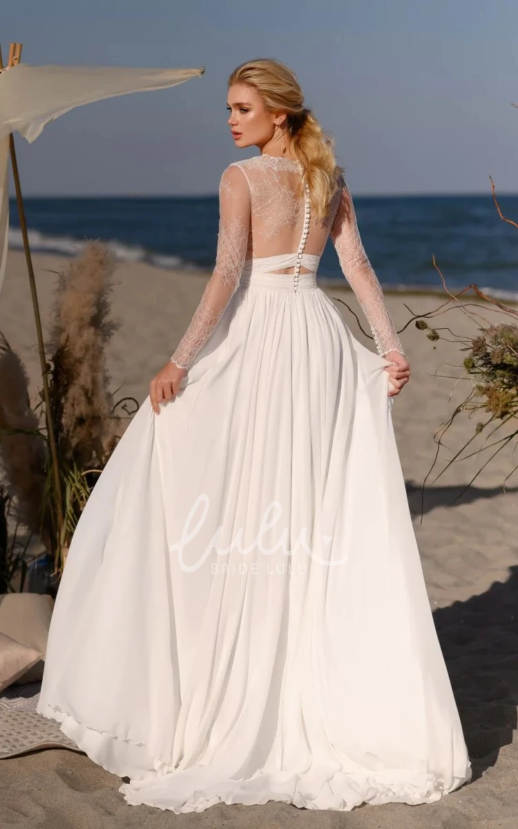 A-Line Elegant Chiffon Floor Length Illusion Lace Long Sleeve With Button Down Wedding Dress