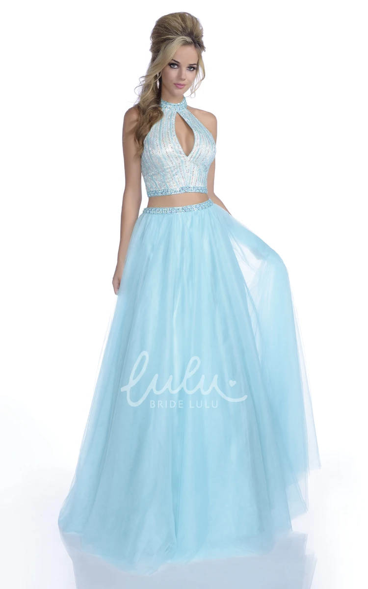 Halter Crop Top A-Line Tulle Prom Dress with Crystal Bodice