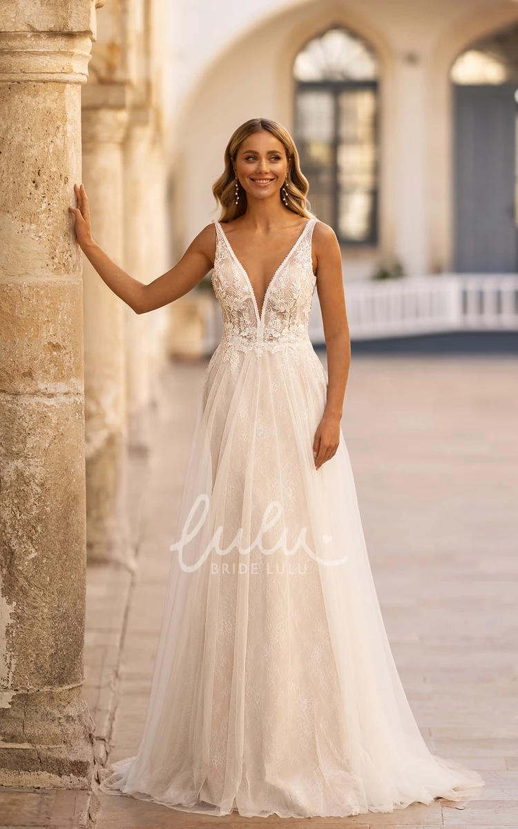 Tulle Floor-length Plunging V-neck Sexy A-Line Sleeveless Wedding Dress With Deep-V Back