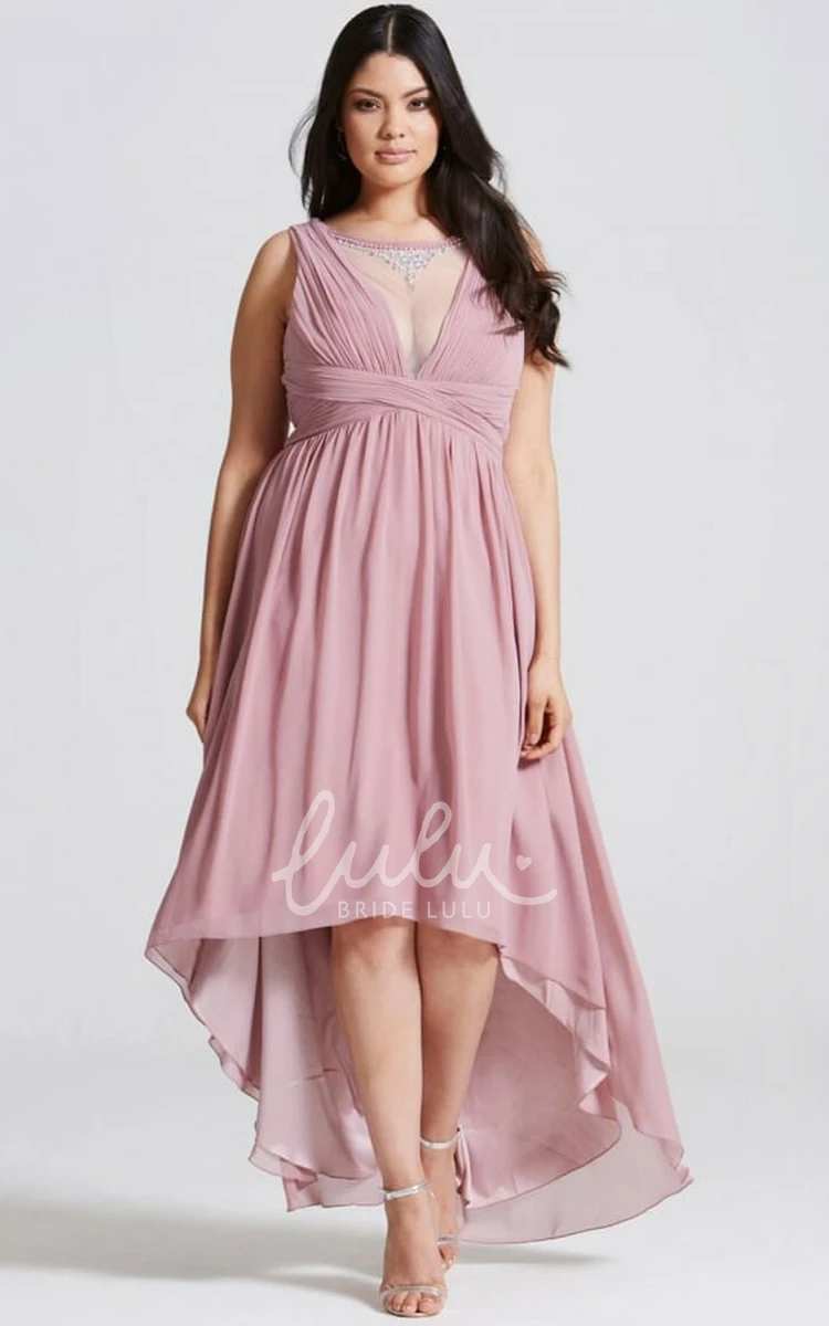 Sleeveless Chiffon Bridesmaid Dress with High-Low Hem and Ruched Detail