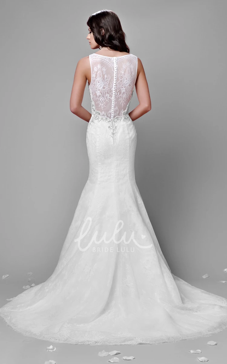 Long Sleeve Lace and Chiffon Wedding Dress with Illusion Back Pearls Embellished Bridal Gown