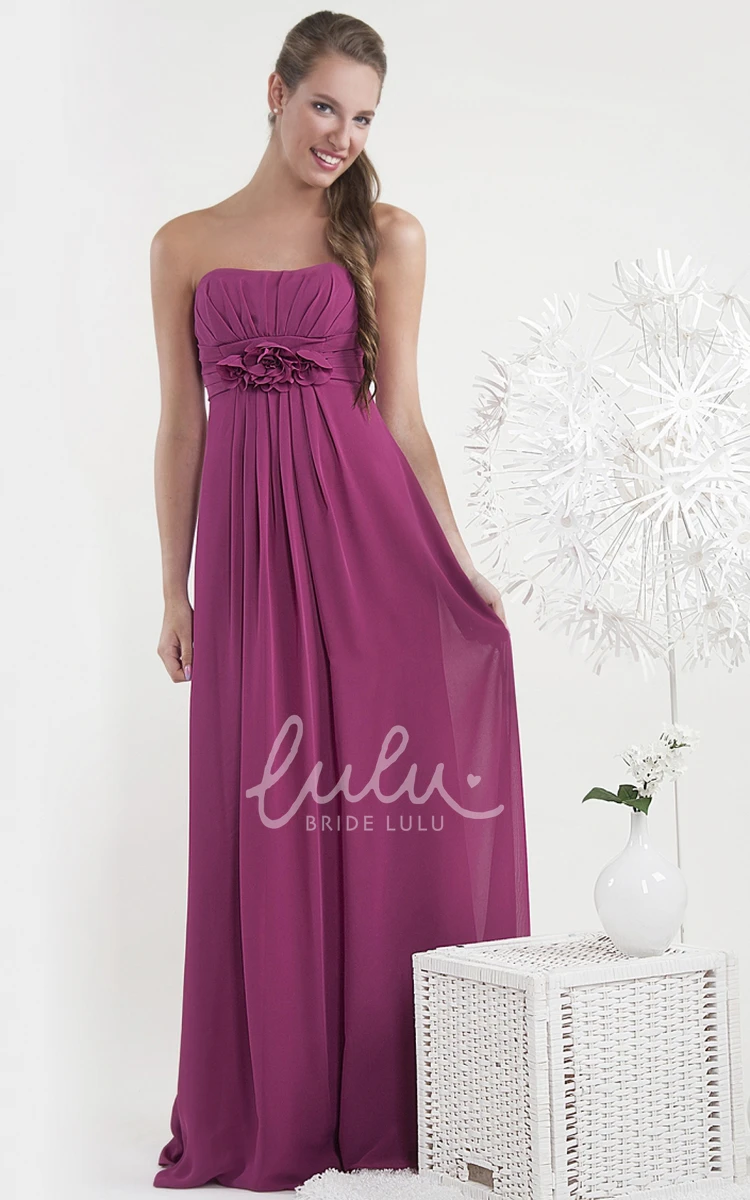 Ruched Strapless Chiffon Bridesmaid Dress with Flower Elegant Maxi