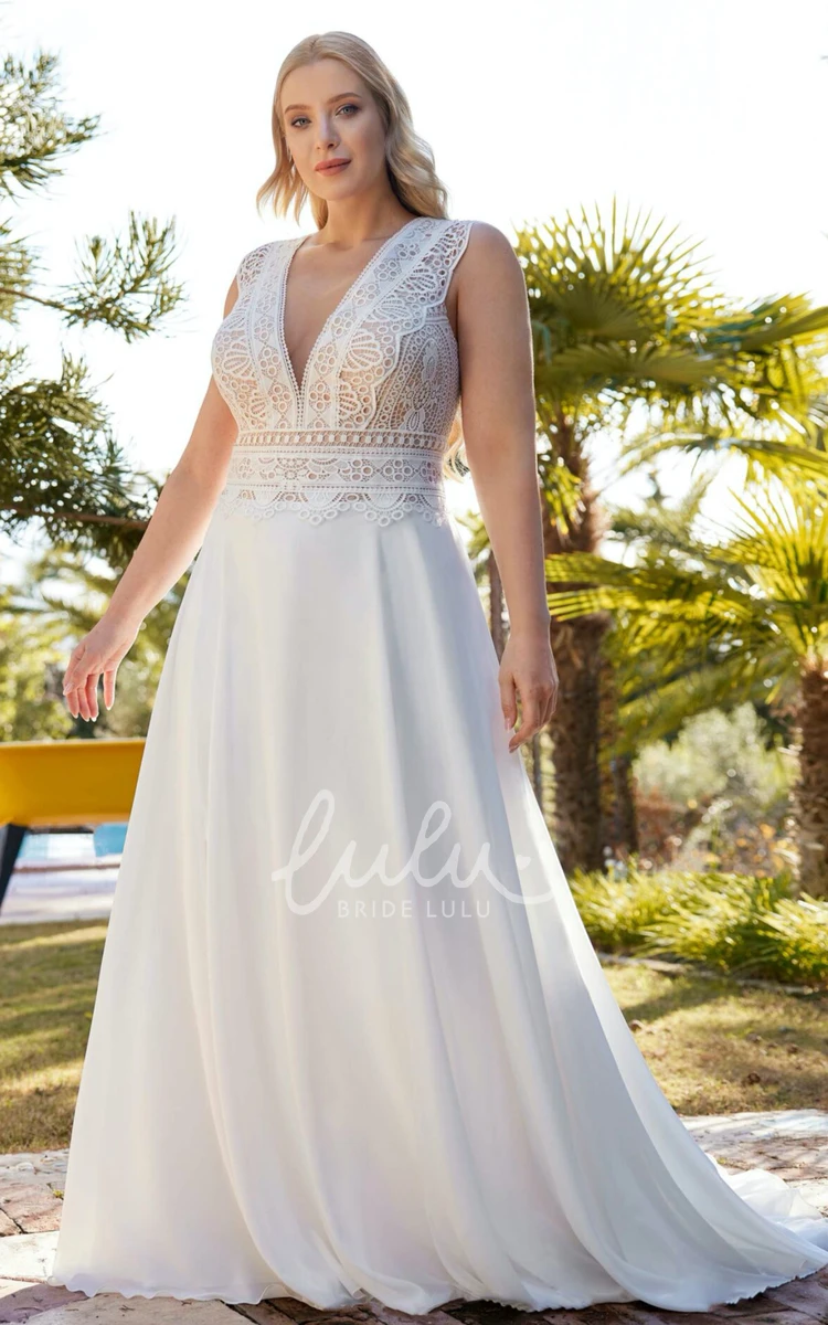 V-neck Chiffon Country Bohemian Wedding Dress with Deep-V Back Lace