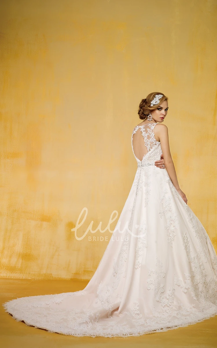 Bateau-Neck A-Line Wedding Dress with Illusion Style and Keyhole Back Classic Bridal Gown