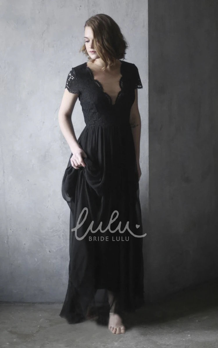 Scalloped V-neck Black Chiffon Wedding Dress with Illusion Back 