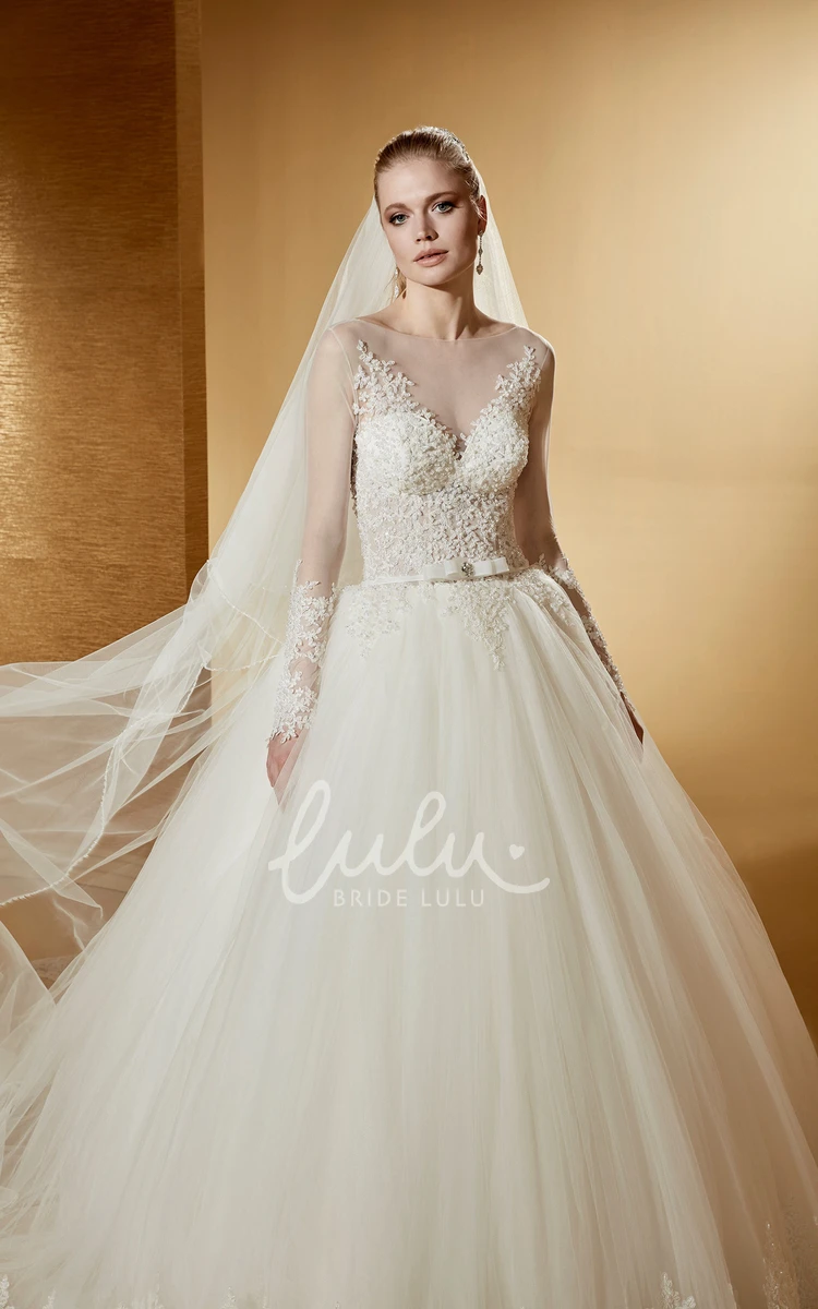 Long-Sleeve Ball Gown with Jewel Neck and Court Train Fabulous and Elegant