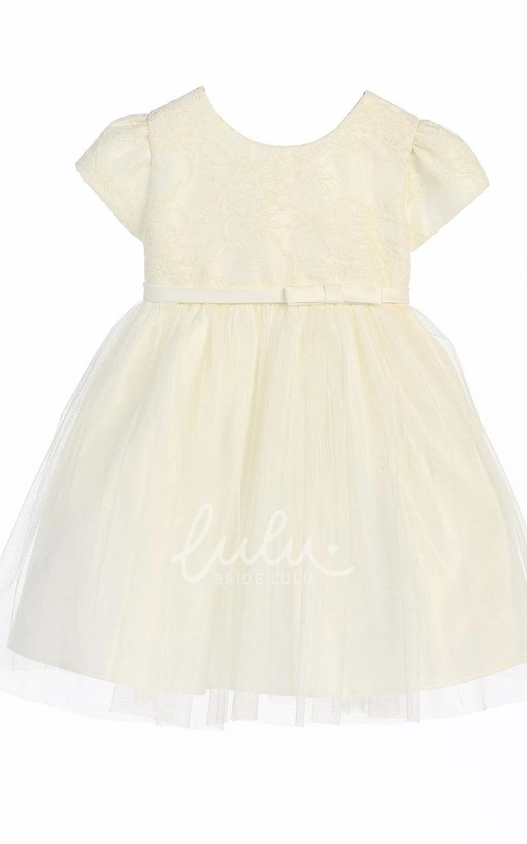 Satin Bow Tea-Length Flower Girl Dress with Lace