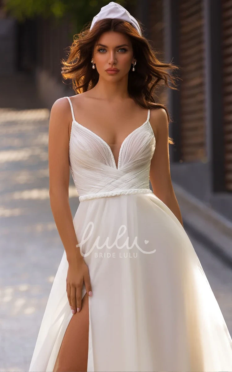 Luxury A-Line Spaghetti Sweetheart Tulle Court Wedding Dress with Split Front