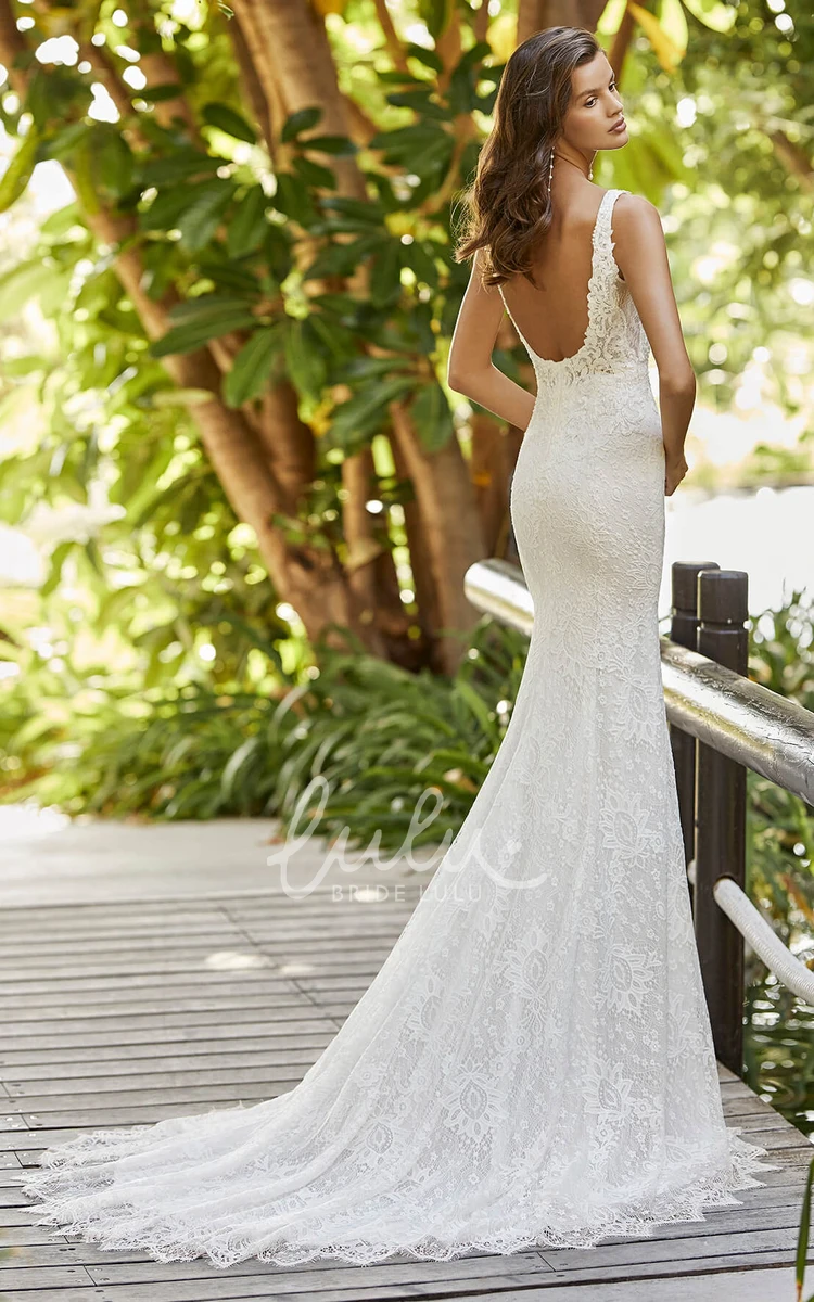 Elegant Mermaid Lace Wedding Dress Open Back Court Train Bridal Gown