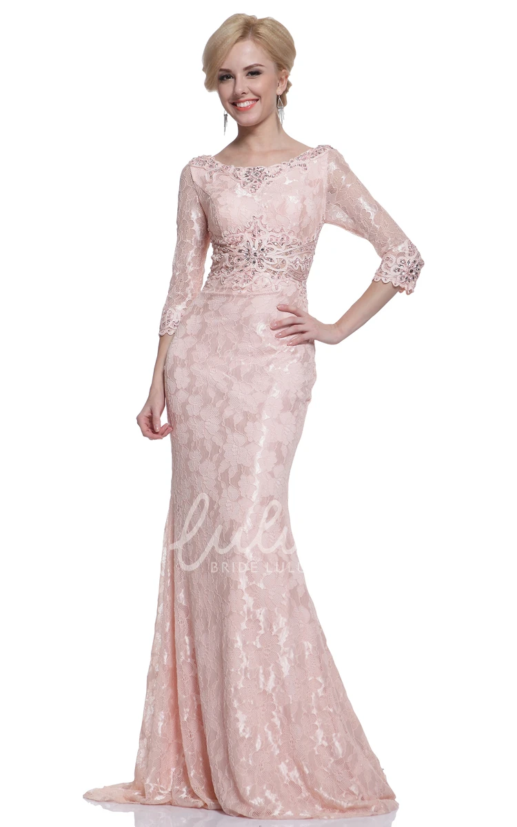 Sheath Lace Beaded Prom Dress with Brush Train and Half Sleeves
