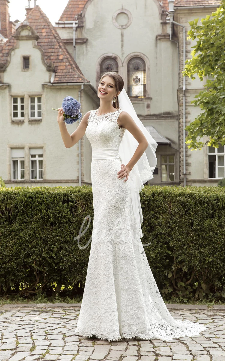 Sheath Wedding Dress with Jeweled Neckline and Ruched Waist