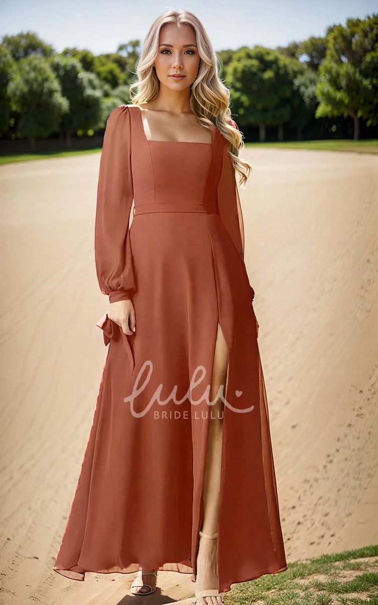 Elegant Vintage Square Neck A-Line Chiffon Bridesmaid Dress Simple Solid Puff Long Sleeve Floor-length Zipper Back Sash Split Bridesmaid Gown