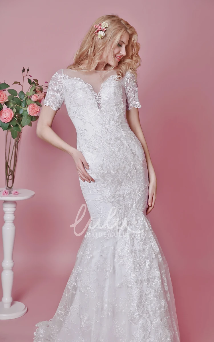 Lace Illusion Back Short Sleeve Trumpet Wedding Dress Modest & Elegant