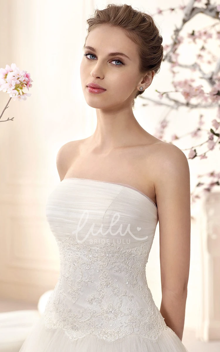 Strapless Tulle A-Line Wedding Dress With Appliques and Pleats