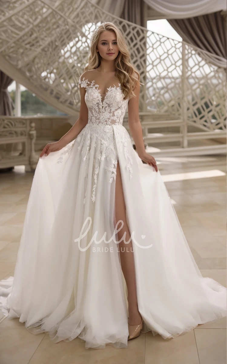 Elegant Sexy A-Line Off-the-shoulder Split Front Lace Appliques Tulle Wedding Dress Ethereal Romantic Floor-length V-neck Sleeveless Backless Zipper Back Bridal Gown with Train