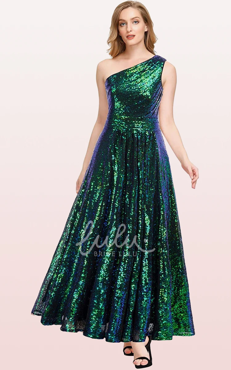 Vintage Sequin One-shoulder Bridesmaid Dress with Ruching Ankle-length A-line