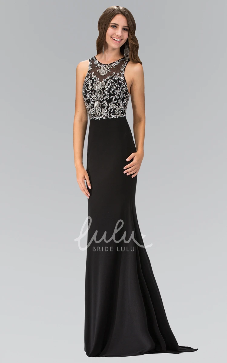 Strappy Sheath Jersey Dress with Scoop Neck and Beading