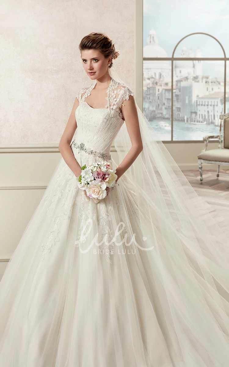 Beaded A-Line Wedding Dress with Queen-Anna Neckline and Pleated Skirt Royal Style
