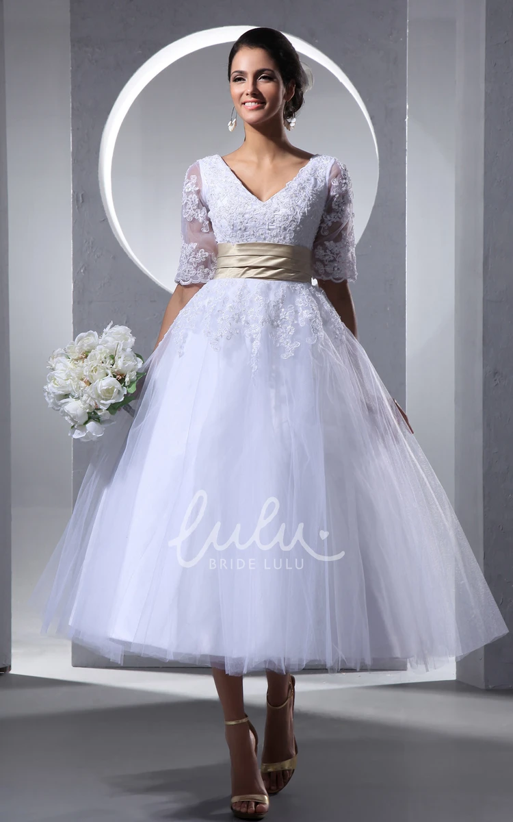 Half-Sleeve Tea-Length Dress with Soft Tulle Glam & Classic