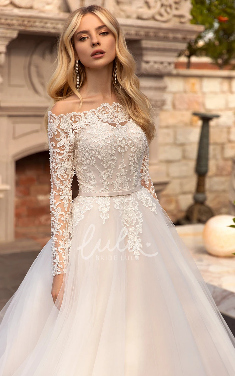 Illusion Long Sleeve Lace Tulle Bridal Ballgown Dress with Sash and Button Back