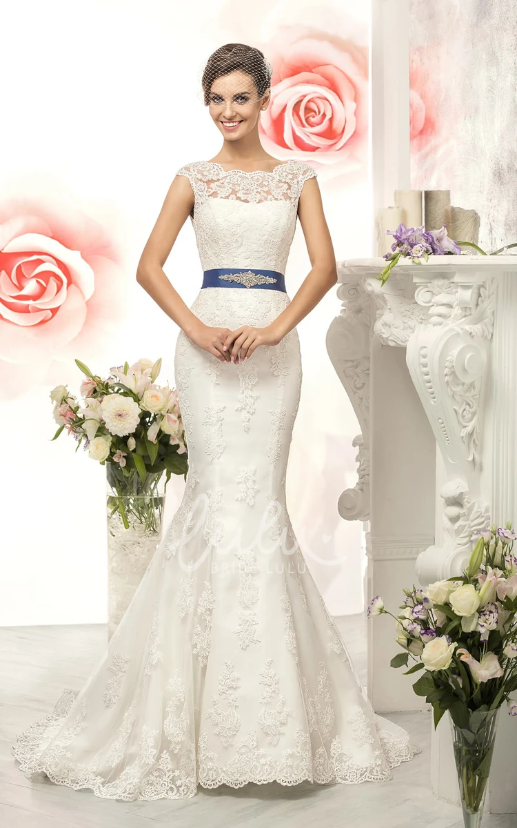 Cap-Sleeve Mermaid Lace Wedding Dress with Illusion Neckline and Appliques