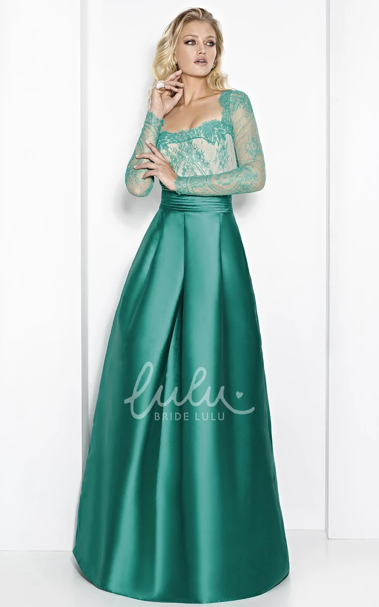 Long-Sleeve Satin&Lace Prom Dress Square-Neck A-Line