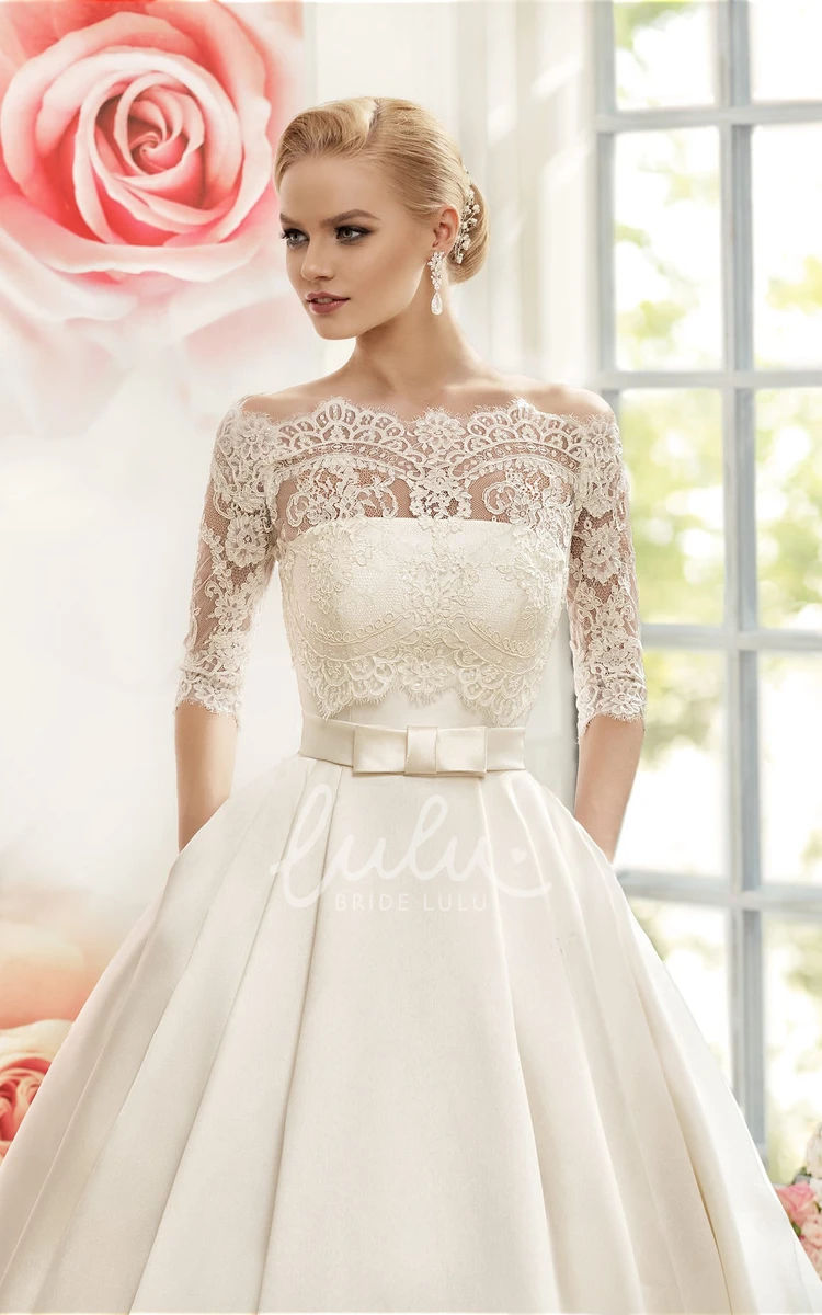 Lace Illusion Ball Gown with Half-Sleeves and Satin Skirt