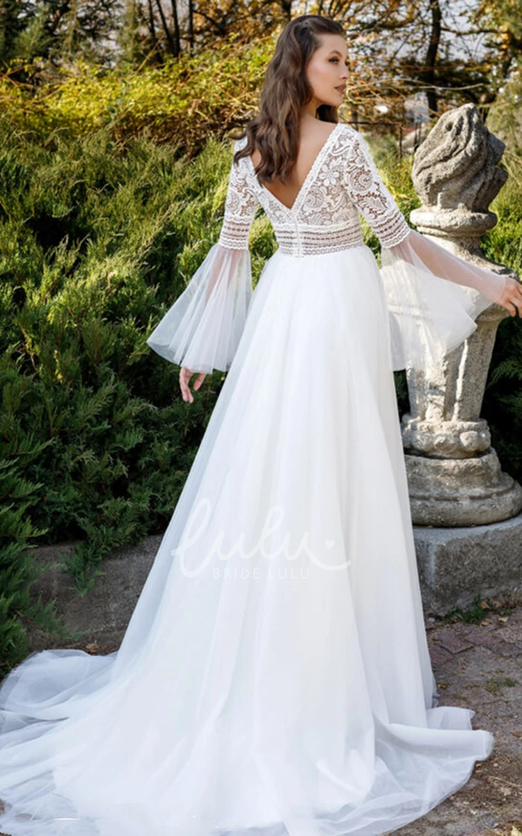 A-Line Tulle Wedding Dress with Plunging Neckline and Appliques Charming and Elegant