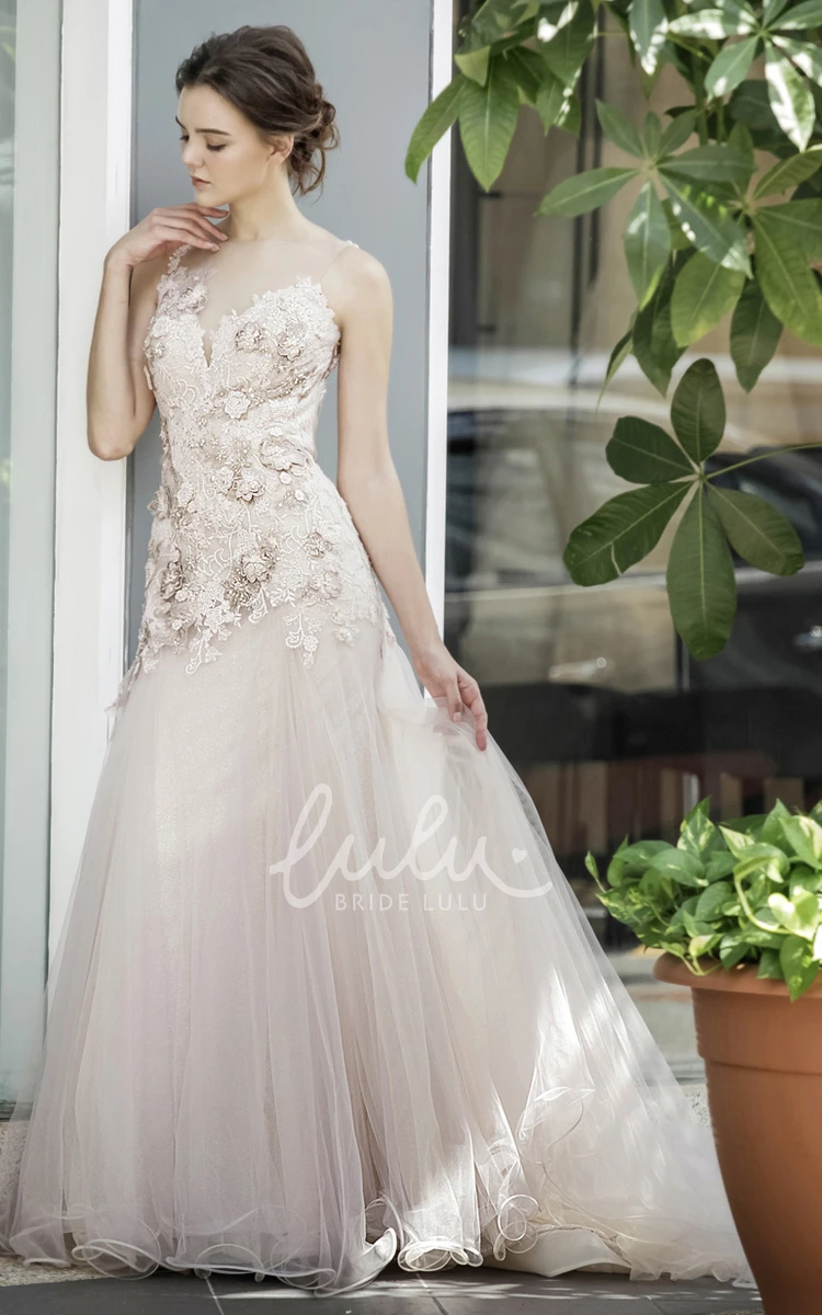 Sheath Tulle Formal Dress with Appliques and Brush Train Ethereal and Timeless