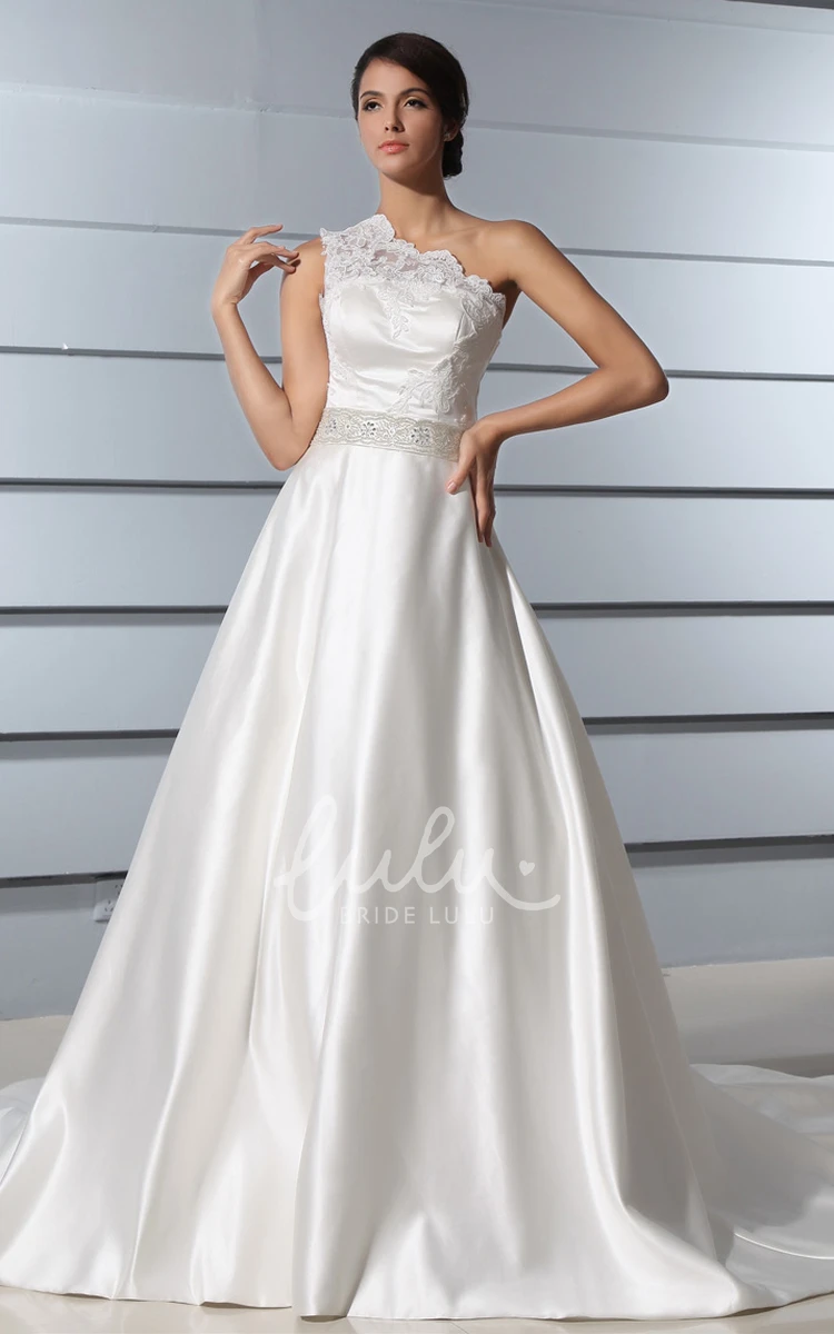 Satin Wedding Dress with Lace Bodice One-Shoulder Chapel Train A-Line