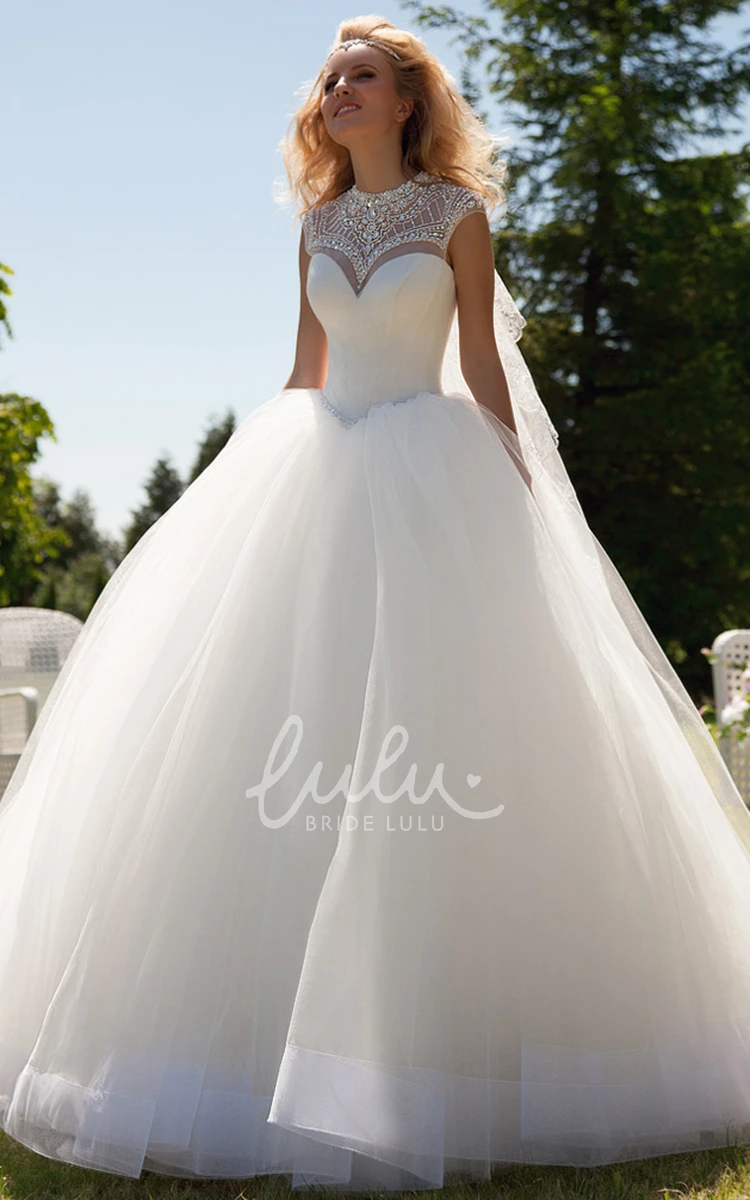 High Neck Beaded Cap-Sleeve Tulle Wedding Dress Modern Bridal Gown
