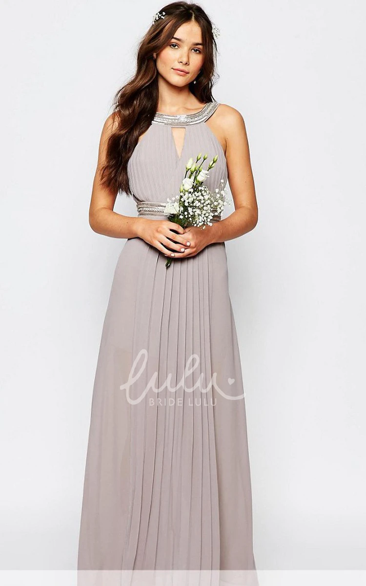 A-Line Beaded Chiffon Bridesmaid Dress Sleeveless Scoop-Neck Pleats Floor-Length